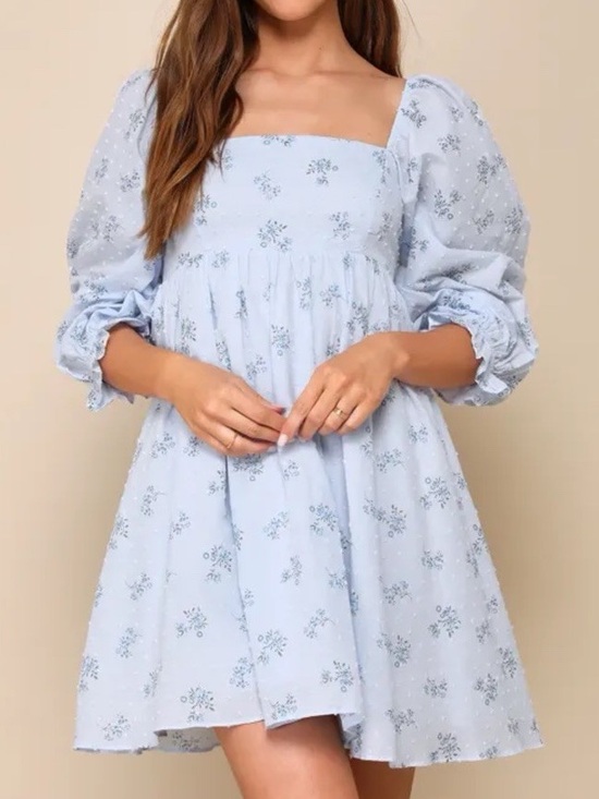 Lulus Dresses & Skirts - Lulus Always Charming Light Blue Floral Swiss Dot Babydoll‎ Mini Dress Size M